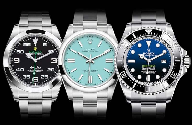 2022年停產的3款勞力士手表：Rolex Air-King（左）、Rolex Oyster Perpetual綠松石面（中）、Rolex Deepsea（右）（世界腕表官網）