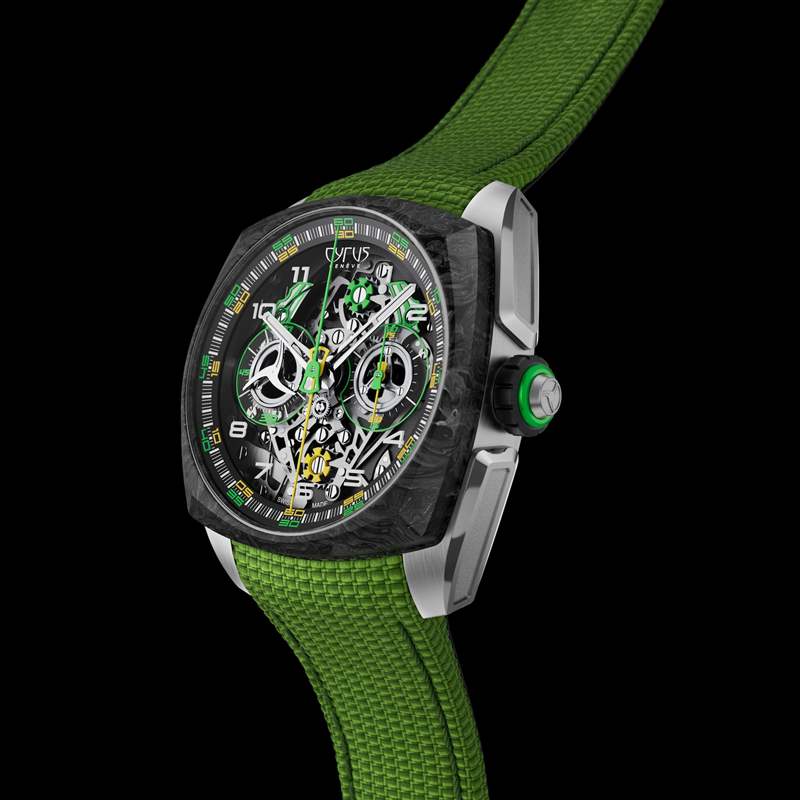除了鈦金屬錶鍊款式,還配有綠色Cordura織物錶帶款式(圖片來源:CYRUS) 瑞士表廠CYRUS特立獨(dú)行新作大玩復(fù)雜功能可同步測量兩個時段-復(fù)刻表